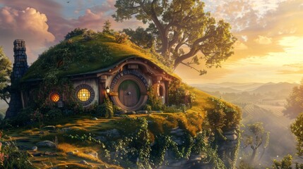 Landscape with hobbit house in the county, fantasy and fiction concept