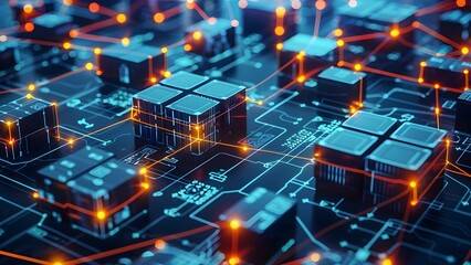 Blocks symbolizing goods in transit demonstrate blockchain in supply chains . Concept Blockchain Technology, Supply Chain, Goods in Transit, Blocks Symbolizing, Logistics Delivery