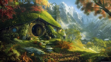 Landscape with hobbit house in the county, fantasy and fiction concept
