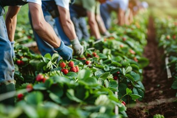 Fototapeta premium Farm Workers Harvesting Strawberries in the Field. Workers picking fresh ripe fruit.