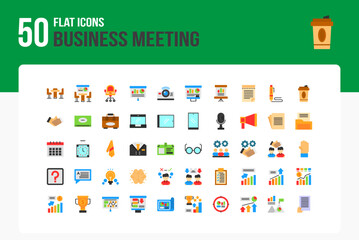 Set of 50 Business Meeting icons related to Conference Table, Meeting Room, Chair, Presentation Screen Flat Icon collection