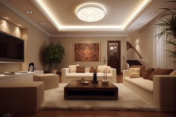 a living room with a couch, a table, and a lamp on the wall.