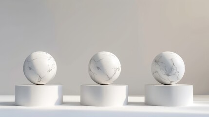 Three white marble balls arranged on top of white pedestals in a contemporary setting. Background. Wallpaper.