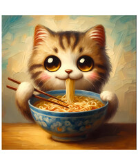 Ramen Cat Kawaii Anime Cat Ramen Lover Oil Painting AI generated	