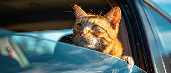 the cat on the panel in the car is illuminated by the sun. cat traveler and tourist . classic blue...
