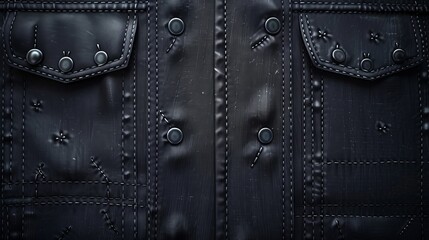 A black denim cloth texture with pockets featuring stitches and rivets. Modern realistic background of dark gray jeans with samples of different pockets.