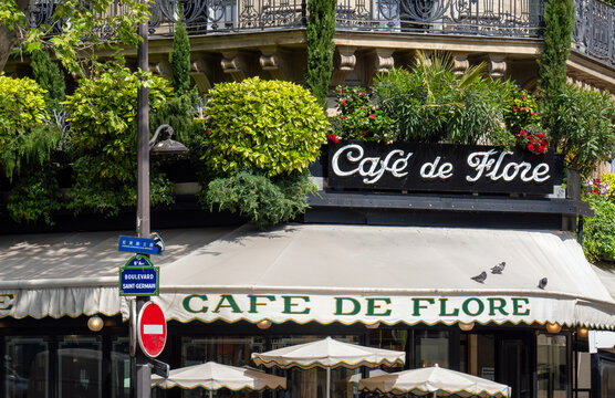 Paris, France - April 25 2024: The Cafe De Flore located at the corner of boulevard Saint Germain and rue Saint Benoit.