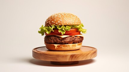 Delicious and juicy hamburger on wooden plate isolated on gray background.