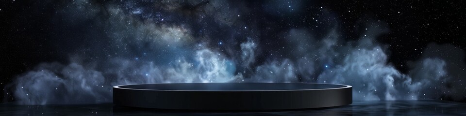 A black podium with a cosmic nebula background creates a surreal setting. Wallpaper. Copy space, banner.