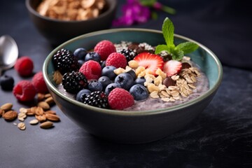 A bowl of blueberries, raspberries, and strawberries with almonds and granola.