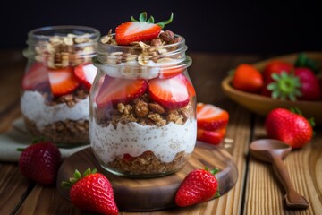 There are three glass jars on a wooden surface. Each jar is filled with layers of strawberries, granola, and yogurt.