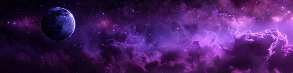 Obraz premium Purple space background featuring clouds and various planets in a cosmic wonder scene. Background. Wallpaper. Copy space, banner.