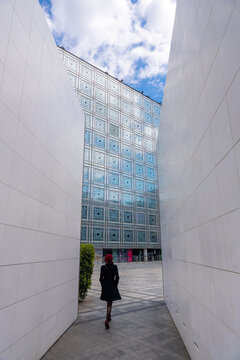 Paris, France - April 25, 2024: Arab World Institute (Institut du Monde Arabe) building