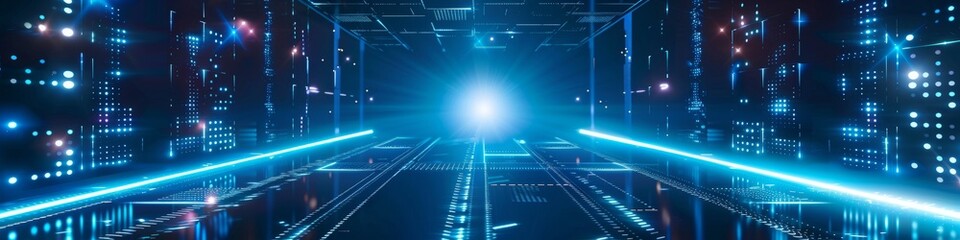 Fototapeta premium A neon-lit cyber grid tunnel leading to a bright light, suggesting advanced technology or virtual reality. Background. Wallpaper. Banner.