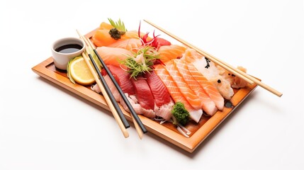 Delicious Japanese sashimi on wooden plate isolated on white background.