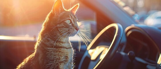 the cat on the panel in the car is illuminated by the sun. cat traveler and tourist . classic blue...