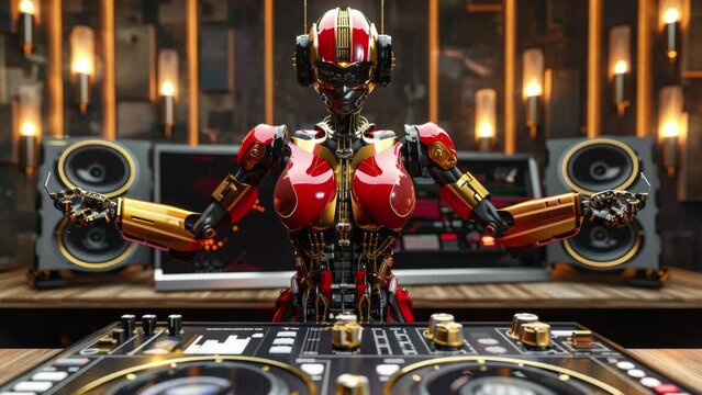 sequence or red robotic djs and audio equipment made with AI