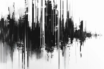 Disrupted black processor lines glitch across a clean white background, creating an abstract design. - obrazy, fototapety, plakaty