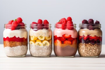 over night rolled oat dessert with layers of chia seeds,strawberry and cream