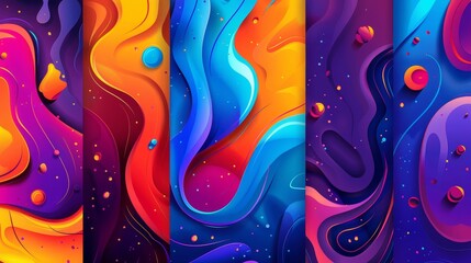 Fluid backgrounds with liquid blobs, paint splashes, and lines. Modern creative banners in modern flat illustrations.