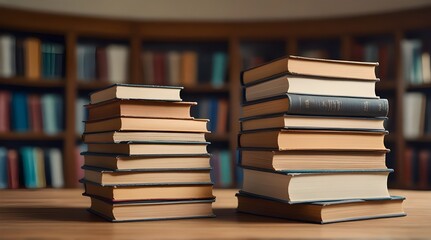 Stack of books in the library room with a blurry background.generative.ai
