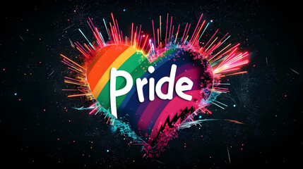 Image of pride text and rainbow heart and fireworks exploding on black background
