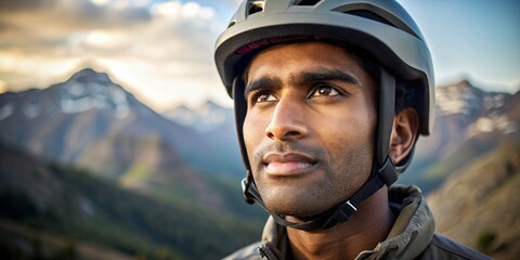 Close-up portrait of indian young beautiful woman in a bike helmet on mountain background, space for text. Mountain bike on offroad, portrait of cyclist at sunset. extreme, fitness