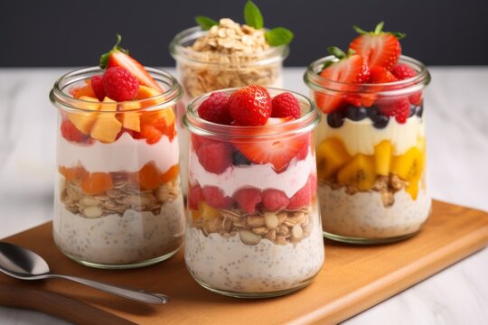 over night rolled oat on a wooden surface. Each jar contains a parfait of fruit, yogurt, and granola. The parfaits are topped with fresh berries Strawberries, blueberries, raspberries, and peaches