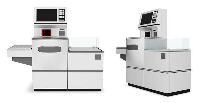 Supermarket self-service checkout desk. 3d illustration on white background
