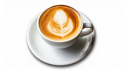 A delicious cup of freshly made cappuccino or macchiato on a white saucer. Isolated over white with clipping path.