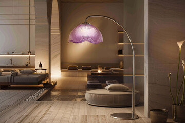 Overarching floor lamp with lavender hues, positioned in a calm wellness facility.