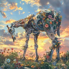 Immerse viewers in a whimsical world of robotic wildlife standing tall in vibrant impressionist landscapes, capturing the awe-inspiring sights from unique, unexpected camera angles