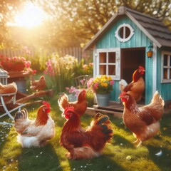 Chickens walking in the yard against the background of sunlight.