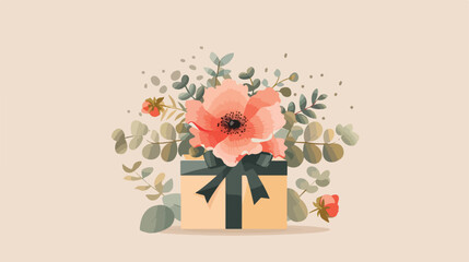 Gift box with beautiful flowers and eucalyptus on bei