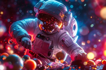 Present a cosmic chef in a gleaming metal spacesuit adorned with vibrant galaxy-inspired hues, skillfully wielding a spatula among floating planetary ingredients Accentuate the contrast between the ch