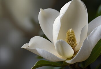 A close-up view of a magnolia blossom, its creamy white petals curving outward, with delicate veins faintly visible, generative AI