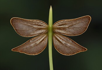 A close-up view of a maple seed's twin wings, spreading out from its central stalk, creating a symmetrical pattern, generative AI