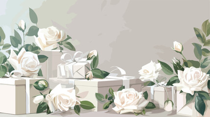Gift boxes with beautiful white roses on grey background