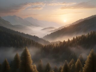 Obraz premium sunrise over the mountains over trees and clouds