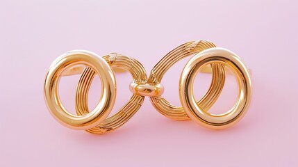 Two gold-colored interlocking circular objects on a pink background.

 - obrazy, fototapety, plakaty