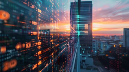 Fototapeta premium Sunset City Skyline with Digital Stock Market Data Reflected on Glass Skyscraper Representing Global Finance, Investment, and Economy
