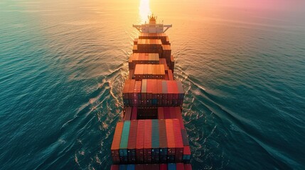 A large container ship is moving slowly forward on a calm sea. The ship is leaving a small wake behind it. The sky is orange and the sun is setting behind the ship.

 - obrazy, fototapety, plakaty