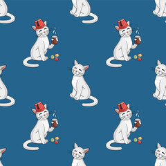 Turkish angora cat character with Turkish cup of tea seamless pattern. Vector illustration. Cat in a fez enjoys tea. Turkish culture elements tea cup, angora cat, Turkish delight, fez. Vector texture.