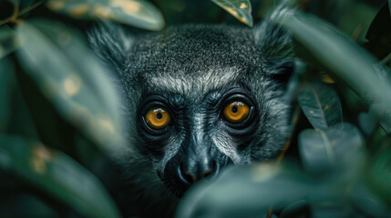 Symmetrical close-up photo of lemuroidea in natural forest