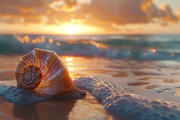 Incorporate a beach scene with a seashell close-up under a vibrant sunset, merging travel and tranquility with intricate minimalistic patterns