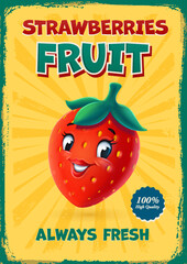 strawberry cartoon character cheerful fruit vintage banner