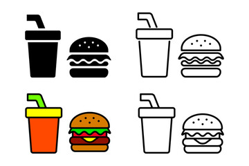 かわいいハンバーガーとジュースのドリンクメニュー。線画とベタ塗りカラーのベクターアイコンセット素材
