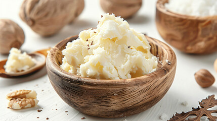 Board with shea butter on white background 