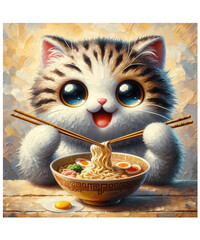 Ramen Cat Kawaii Anime Cat Ramen Lover Oil Painting AI generated	