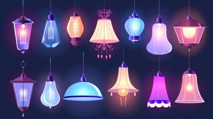 Various shades of electric ceiling lamps and light bulbs. Modern cartoon set of light equipment for home and office interior, lanterns and chandeliers with lampshades.